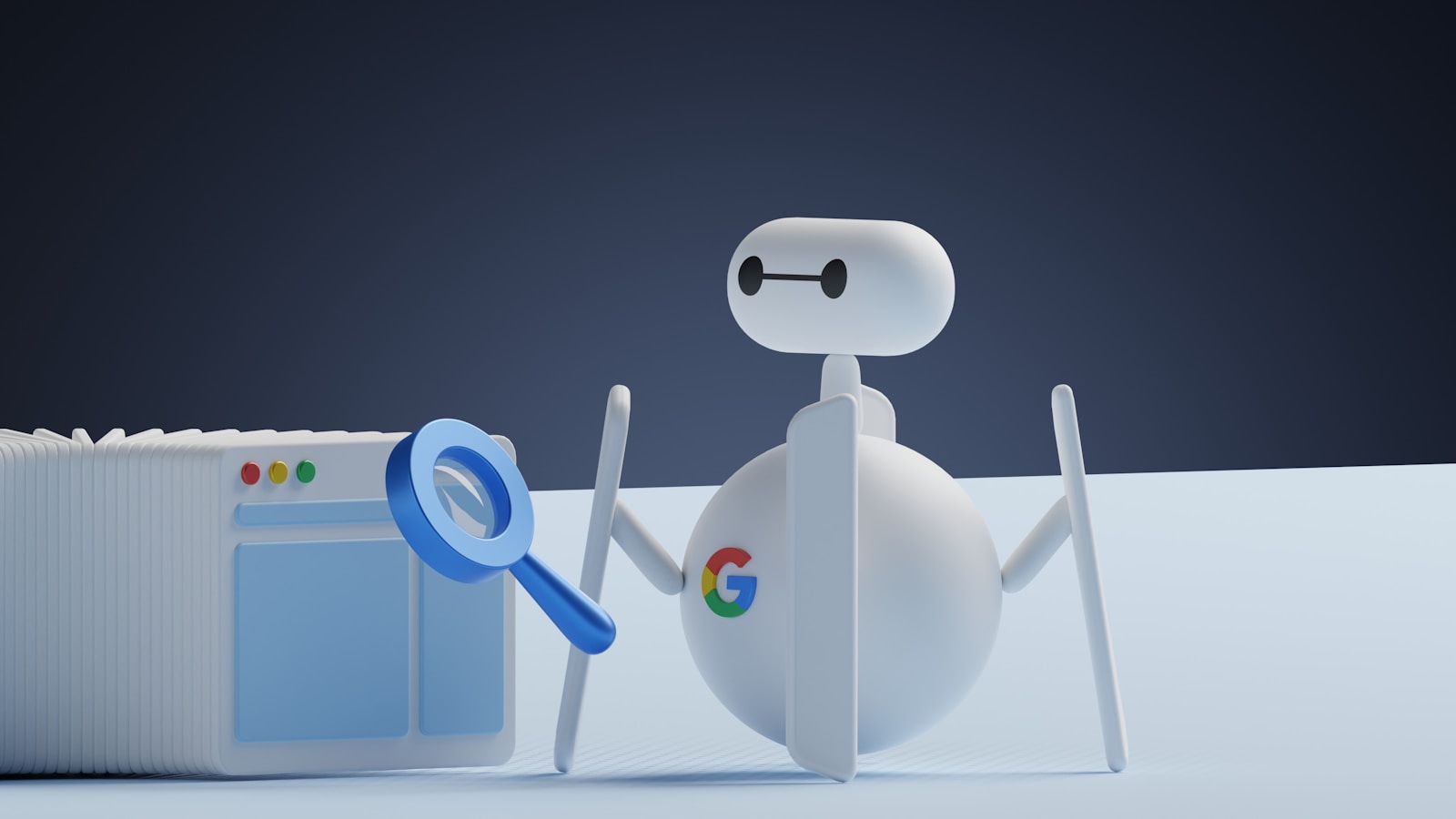 seo for creators showing a white robot holding a magnifying glass next to a white box