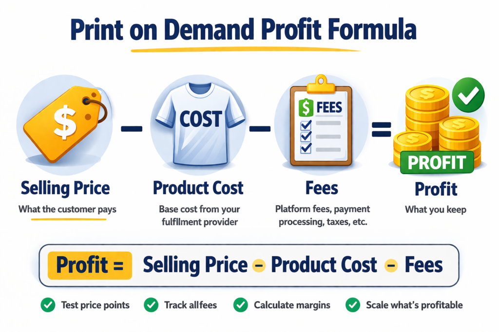 print on demand profit formula selling price minus costs and fees