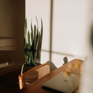 silver macbook on brown wooden table